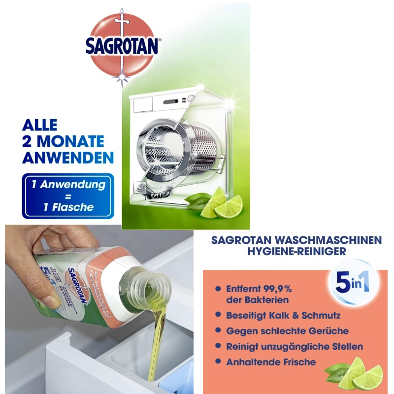 Sagrotan Frische Limette čistič pračky - odstraňuje vápenné usazeniny + až 99,9% bakterií