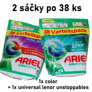 ARIEL PODS 76 ks universální  lenor unstoppables + color kapsle 2x38 ks v sáčku 1+1